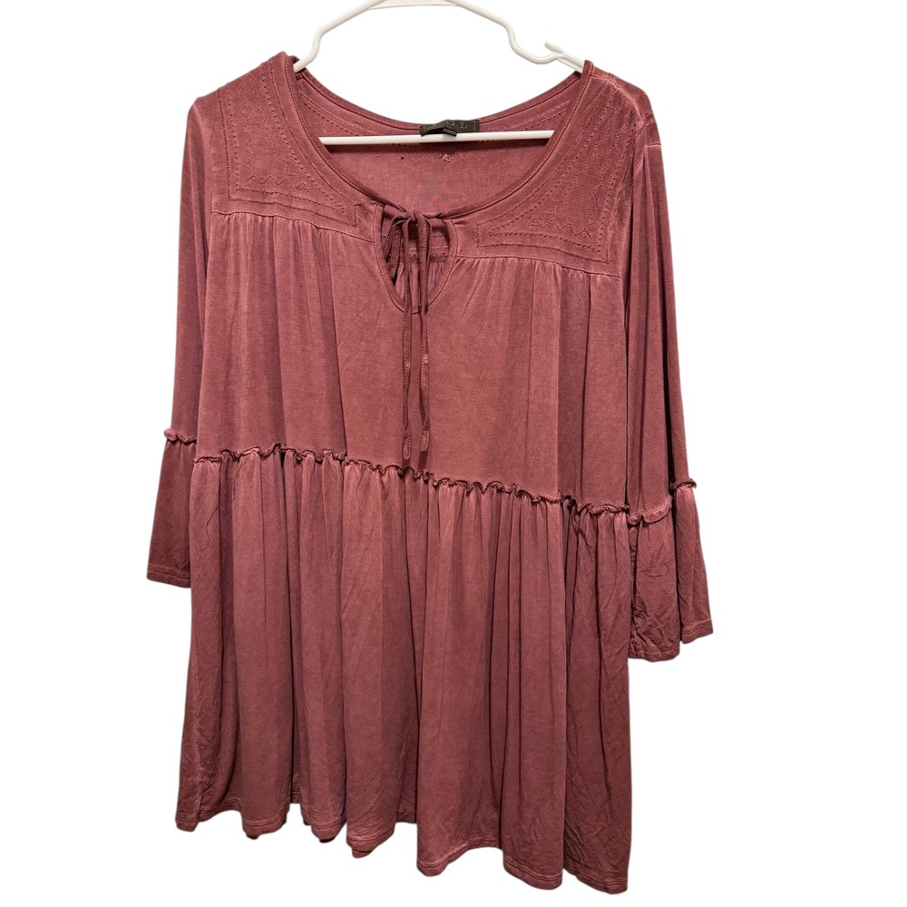 POL Dusty Rose Tiered Ruffle Sleeve‎ Tie Neck Boho Tunic Top Shirt Dress